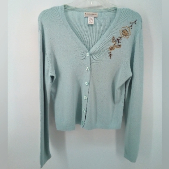 Draper's & Damon's Baby Blue Beaded Flower Ribbed Button Cardigan S Career - Picture 8 of 8